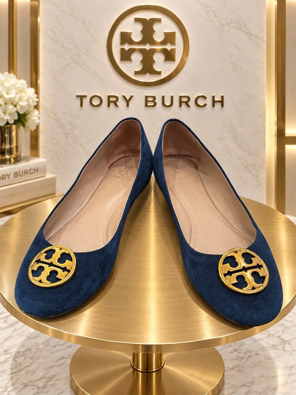 Tory Burch Reva Navy Suede Leather Gold Logo Ballet Flats Size 9M
